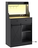 KIMENICH Küchenschrank, Sideboard mit LED, Steckdose, Große Schublade, Buffetschrank mit Arbeitsplatte, Verstellbaren Ablagen, 3 Hakens, Großer Stauraum, für Küche Wohnzimmer, Esszimmer, Schwarz