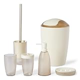 Amazon Basics Badezimmerzubehör-Set mit Zahnbürstenhalter, Seifenspender, Seifenschale, Becher, Mülleimer, Toilettenbürste & Halter, Elfenbeinfarben