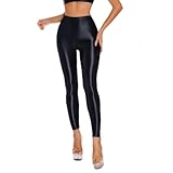 Glänzende Leggings für Frauen, Hochtaillierte Yoga-Sporthose mit Bauchsupport und glänzender Oberfläche, dehnbare metallische Spandex-Tights im 80er-Jahre-Disco-Stil sowie schmale langärmelige Hosen