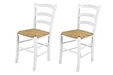 2er Set Holzstuhl Capri II, Gestell Buche massiv Weiß, Sitzfläche Binsengeflecht, 43x47x85 cm