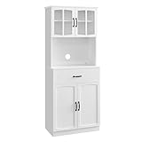 VASAGLE Küchenschrank, Mehrzweckschrank, Vorratsschrank, mit verstellbaren Einlegeböden, für Mikrowellen geeignet, Schublade, Glastüren, Kabelloch, moderner Stil, weiß LSC361W21