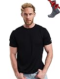 Premium Merino Shirt Herren Kurzarm - Thermooberteile 100% Merino Unterwäsche Herren + Wanderwollsocken (Large, Black Ink)