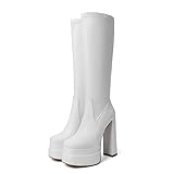 Meinabsatz Plateau Stiefel Blockabsatz Langschaft Kniehohe Damenstiefel High Heels Boots Karree Spitze Glattoptik Weiß 42 EU