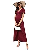 KOJOOIN Damen Umstandskleid V-Ausschnitt Langes Stillkleid Kurzarm Elegant Falten Schwangerschaftskleid Weinrot(Kurzarm) M