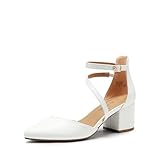 DREAM PAIRS Damen-Pumps mit geschlossenem, spitzem Zehenbereich und niedrigem Blockabsatz, Knöchelriemen, Hochzeitsschuhe, Elegante Schuhe,Size 43,Weiss-Pu,SDPU2354W