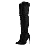 blingqueen Damen Overknee Stiefel Stiletto High Heels Spitze Thigh Boots Stretch Faux Suede Schwarz 38 EU
