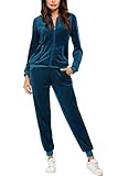 Hotouch Velour Trainingsanzug Damen 4-Teilig Sweatshirt und Jogginghose Set Full Zip Hoodie Sweatsuit mit Taschen Winter Nicki Hausanzug Pfauenblau XXL