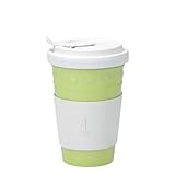 KPM Berlin KURLAND To-Go Becher inkl. weißer Ledermanschette (goldene Prägung) und Deckel, Porzellan, Kaffeebecher, handmade im Geschenkkarton (Limette)