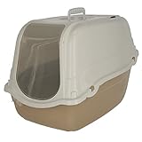 Kerbl Katzentoilette Minka (taupe/weiß, 57 cm x 39 cm x 41 cm,Aktivkohlefilter gegen Gerüche, mit Abdeckhaube, transparente Schwingtür, Tragegriff, Katzenklo, Katzentoilette) 81571