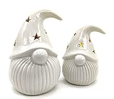 DARO DEKO Porzellan LED Zwerge 2er Set Creme-weiß 12cm und 15cm Dekofigur Weihnachtsdeko