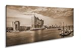 Leinwandbild Abendlicht küsst Hamburgs Hafen mit goldener Eleganz. Panorama 60x30cm Effekt: Sepia XXL Kunstdruck Bild auf Keilrahmen/Wandbild/Wohnzimmer Dekoration