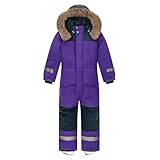 L SERVER Kinder Skianzug Jungen mit Kapuze Winddichte Wasserdichte Schneeoverall Mädchen Warmer Schneeanzug Dickere Skioverall mit Reflektierenden Streifen, Lila, 134-140