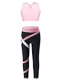 iEFiEL Kinder Trainingsanzug Mädchen Sport BH Weste + Leggings Sportlich Jogginganzug Jumpsuit Druck Sportanzug Groß 110-176 Zc Schwarz + Rosa 122-128