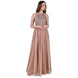 Maya Deluxe Damen Abendkleid Pailletten Cocktailkleid Tüllkleid Kleid Nackenband Elegant Für Hochzeit Brautjungfernkleid Bridesmaid Dress, Taupe Blush, 38 EU