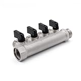 VANCOCO Sanitär 4-Wege-Verteiler aus Vernickeltem Messing - Einlass 3/4 Zoll, 4 Auslässe 1/2 Zoll - Wasserverteiler mit 4 Absperrventilen für Heizung, Wasserversorgung und Garten Eurokonus