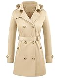 Tuopuda Damen Trenchcoat Jacke Wasserabweisender Langer Mantel Winddichter Wintermantel Windjacke Übergangsmantel Revers Damenmantel mit Abnehmbare Kapuze(Khaki,M)