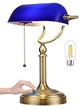 Newrays Blue Glass Banker Schreibtischlampe, stufenloser dimmbarer Tischlampenstopfen für das Studium, Home Office, LED -Glühbirne inklusive