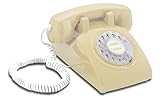 Opis 60s Cable mit klassischem Deutsche Post Pappeinleger: Retro Telefon im sechziger Jahre Vintage Design mit Wählscheibe und Metallklingel beige
