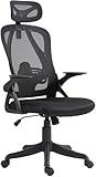 Bürostuhl Ergonomisch mit Wippfunktion, Schreibtischstuhl Höhenverstellbar mit Kopfstütze und Klappbare Armlehnen, Drehstuhl Office Chair Arbeitsstuhl Bürosessel mit Lendenwirbelstütze (schwarz)