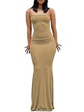 OZYILIAN Damen Cami Bodycon Kleid Casual Basic Kleid Spaghetti Strap Maxikleid(Khaki-1, M)