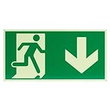 Schild Notausgangsschild Nachleuchtend, Fluchtwegschilder Nachleuchtend, Pfeil Unten Langnachleuchtend, Aluminium Selbstklebend Rettungsweg Rettungsschild, 300x150mm (down)