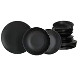 MamboCat Lampart Nero 18-tlg. Teller-Set I Geschirr-Set schwarz für 6 Personen - im modernen Ethno-Stil I Steingut-Teller schwarz matt I Essteller Suppenteller Kuchenteller I Teller-Service 18 Teile