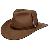 Stetson Oklahoma Wollfilz Westernhut Herren 100% wasserabweisender Filz Asahi Guard ultraleichter knautschbarer Hut mit Feder Lederband Sommer Winter braun L (58-59 cm)