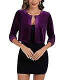 Kyzoeyou Samt Bolero Kurz Damen Strickjacke 3/4 Ärmel Boleroshrug Offene Vorne Cardigan Top Velvet Blazer Elegant Casual (Violett M)