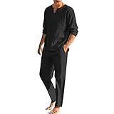 Celucke Zweiteiler Leinen Freizeitanzug Herren Leinenanzug Sommer 2-Teiliges Shirt Langarm und Strandhose aus Baumwolle und Leinen Hausanzug Jogginganzug Yoga Anzug (Black, XL)