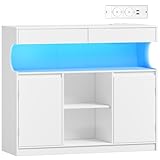 Hzuaneri Sideboard, Küchenschrank mit Steckdosenleiste und LED-Licht, Aufbewahrungsschrank, 2 Schubladen und 2 Türen, Verstellbaren Regalen, Buffetschrank, Esszimmer, Küche, 35×100×85cm, Weiß SC64903X