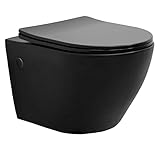ECD Germany Spülrandloses Hänge WC schwarz matt mit WC-Sitz abnehmbar aus Duroplast Softclose Absenkautomatik, Wand-WC Tiefspüler kurze Ausladung 49cm, Design Toilette aus Sanitärkeramik, Tiefspül-WC