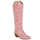 WEHAM Bestickte Westernstiefel für Damen, Cowboystiefel mit breitem Schaft und klobigem Absatz, modische rote und Schwarze Spitze Retrostiefel mit mittlerer Schafthöhe,Rosa,44