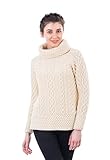 SAOL Aran Irisch Sweater für Damen aus 100% Merinowolle Irland Fisherman Zopfmuster Damen Pullover - Braun - X-Groß