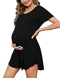 Uniexcosm Stillnachthemd Damen Kurzarm Geburtskleid Baumwolle Umstandsnachthemd Mutterschaft mit Knopfleiste Umstandsmode für Schwangere oder Stillende Schwarz S