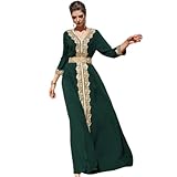 OBEEII Muslimisches Abendkleid für Damen, Dubai Stil Kaftan Robe in Voller Länge Stickerei Blumendruck Islamische Türkische Marokkanische Kleider für Ethnische, Hochzeit, Abend, Party Dunkelgrün S