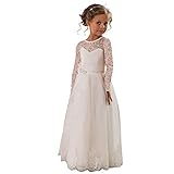 Aibaowedding Vintage Lang Kinder Tüllkleid Spitzenkleid mit Gürtel/Chic A-Linie Kommunionkleider Brautjungfern Kleider Blumenmädchenkleider für Mädchen 2-12 Jahr (Elfenbein,10)