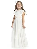 Aibaowedding Boho Lange Kinder Chiffon Kleid mit Binde Gürtel und Kurzen Butterfly-Ärmeln/Vintage Chic A-Linie Kommunionkleider Brautjungfern Kleider Blumenmädchenkleider für Mädchen(Weiß,12)