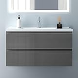 Biubiubath Badezimmermöbel 100cm Keramik Waschtisch mit Unterschrank Badmöbel Set Badezimmerschränke mit 2 Soft-Close Schubladen Hochglanz Dunkelgrau