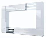 Vladon Wohnwand Mirage, Anbauwand mit Rückwand mit 2 Türen, 2 Klappen und 6 offenen Glasablagen, Weiß matt/Weiß Hochglanz (262 x 183 x 39 cm)