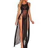KFLY Sexy Kleid aus transparentem Netzstoff mit hoher Öffnung langes Bikini Cover Up Strandbekleidung Strandkleid Kleid (DE/NL/SE/PL, Alphanumerisch, Einheitsgröße, Regular, Regular, Schwarz)