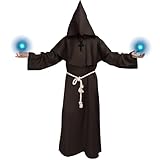Mönch Kostüm Herren Frauen, Halloween Priester Kostüm Herren, Mönchskutte Pfarrer kostüm mit Kreuz-Halskette und Taillenseil, Mönch Robe Pfarrer Kostümfür Halloween party, Mottoparty und Karneval