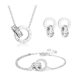 RPAEOY Schmuckset für Damen und Mädchen Zirkonia Edelstahl Römische Ziffern Kreis Anhänger Halskette Ohrringe Armband Set 18K Vergoldet Versilbert Schmuck Set Brautschmuck (Silber)