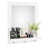 Badspiegel Wandspiegel aus Holz mit Ablage, 3 Haken Badezimmerspiegel weiß 60x47x13,5cm