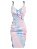CURLBIUTY Damen Hochzeitkleid Cocktail Spaghetti Kleid V-Ausschnitt Criss Cross Rüschen Cocktail Bleistift Kleid Blau&Rosa L