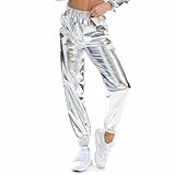 NewL Damen Metallic Glänzend Jogger Casual Holographische Farbe Streetwear Hose Hip Hop Mode Glatte Elastische Hose, S