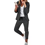 Hosenanzug Damen Festlich Revers Blazer Und Anzughose Zweiteiler Sommer Lang Loungewear Streetwear Party Outfit Trainingsanzug Sport Set Fitness Bekleidung Jogginganzug (A##Dark Gray, L)