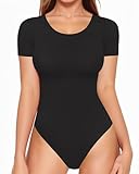 ALGALAROUND Bodys für Damen Body Kurzarm Eng Bodysuit mit Classic Rundhalsausschnitt Baumwolle ELegant Damenbody Women T-shirts Tops Oberteil Schwarz XL