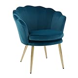 Wolmics Sessel aus Samt Samtstuhl Mit Metallbeinen Sessel Für Wohnzimmer/Schlafzimmer/Schminktisch,Freizeitstuhl in Blumenform Blau+Gold