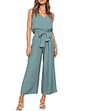 FANCYINN Damen 2 Teiliges Crop Pants Set mit Weitem Bein Wide Strap V-Ausschnitt Tank High Waist Cropped Paper Bag Hose mit Gürtel Haze Blau Oberteil & Hose XL