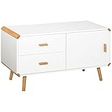 HOMCOM TV Schrank Lowboard Fernsehtisch TV-Kommode für Fernseher Kleiner als 45'' mit 2 Schubladen und Schrank Wohnzimmer Bambus MDF Weiß+Natur 100 x 47 x 55,5 cm